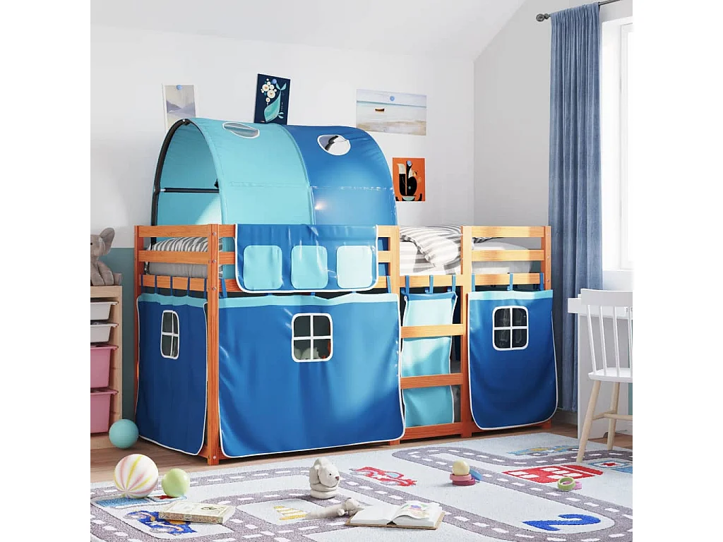 Lit superposé avec rideaux bleu 90x200 bois pin massif