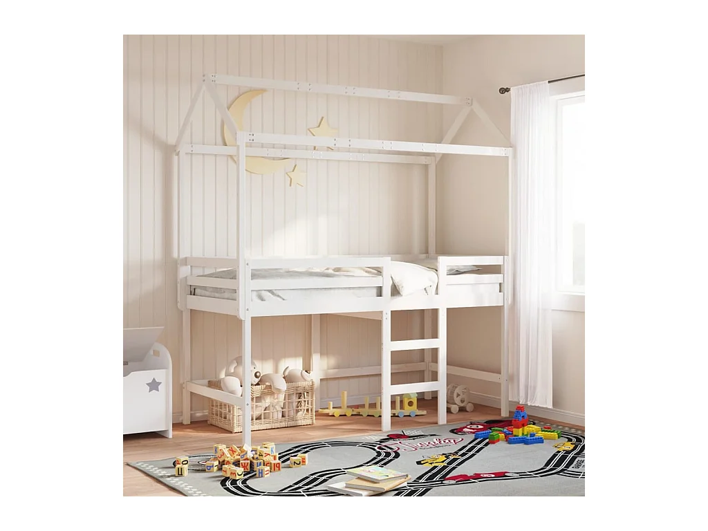 Hochbett mit Leiter und Dach Weiß 90x190 cm Massivholz Kiefer