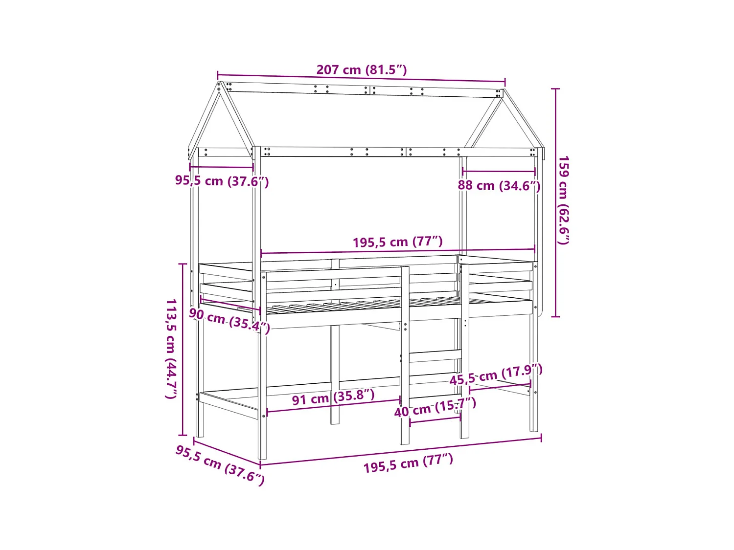 Hochbett mit Leiter und Dach Weiß 90x190 cm Massivholz Kiefer