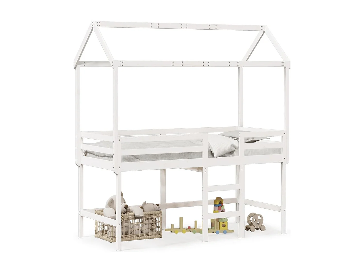 Cama alta c/ escada e telhado 90x190 cm pinho maciço branco