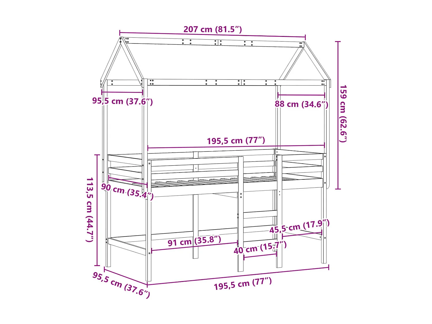 Cama alta c/ escada e telhado 90x190 cm pinho maciço branco