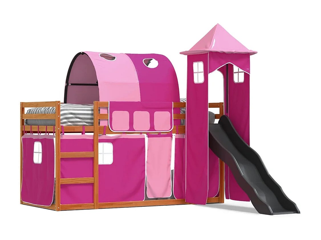 Letto a Castello con Scivolo e Tende Rosa 90x190 cm