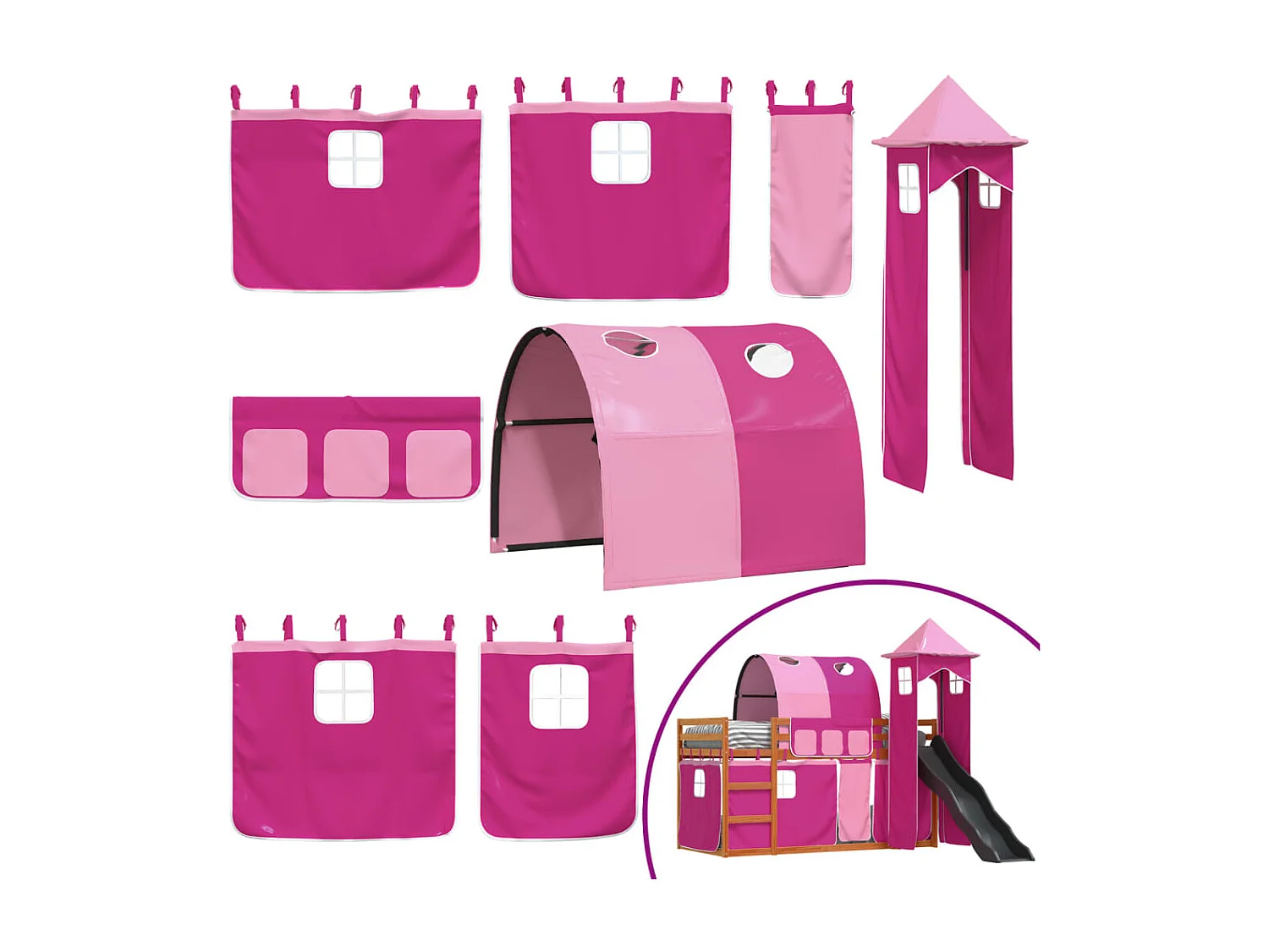 Letto a Castello con Scivolo e Tende Rosa 90x190 cm