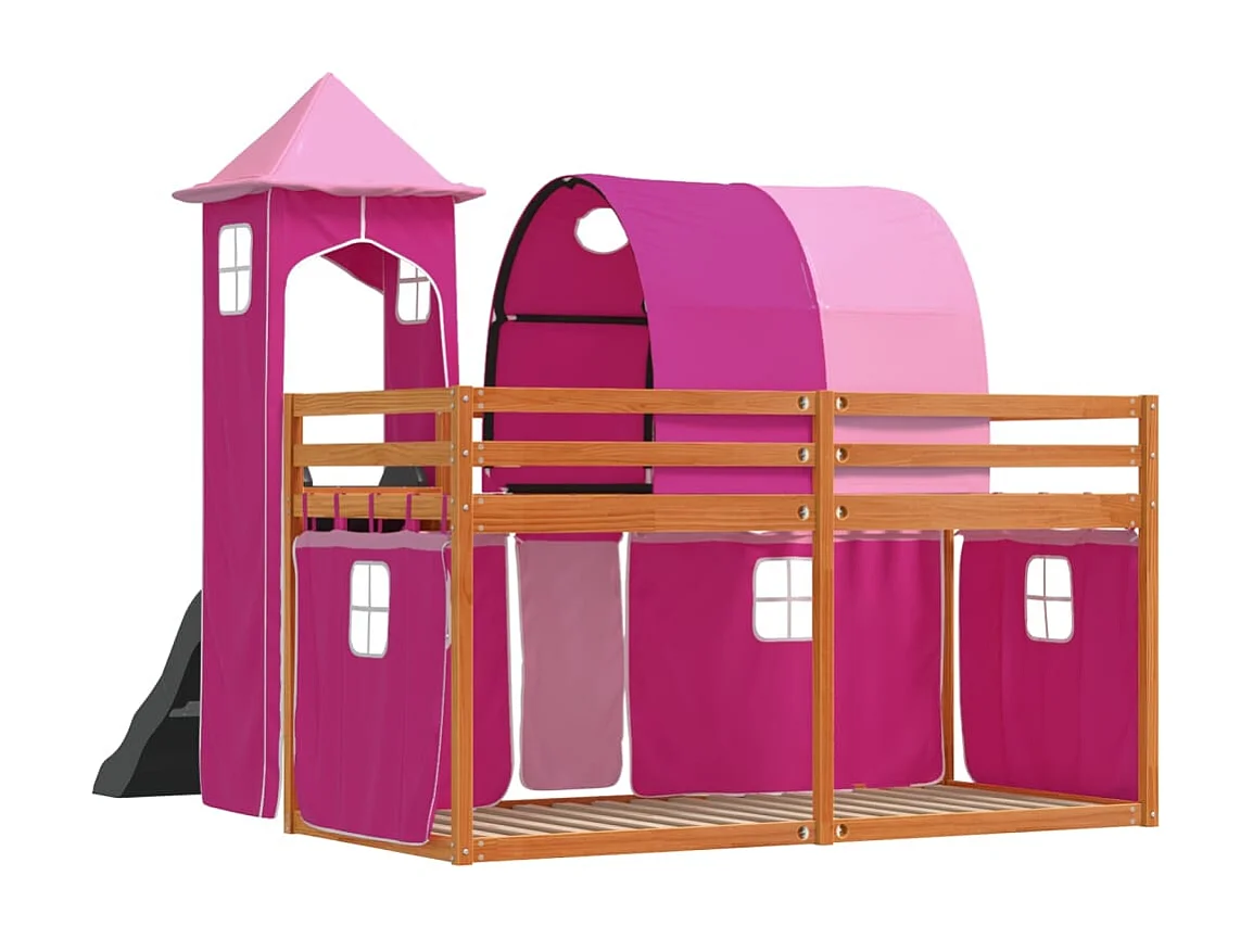 Letto a Castello con Scivolo e Tende Rosa 90x190 cm