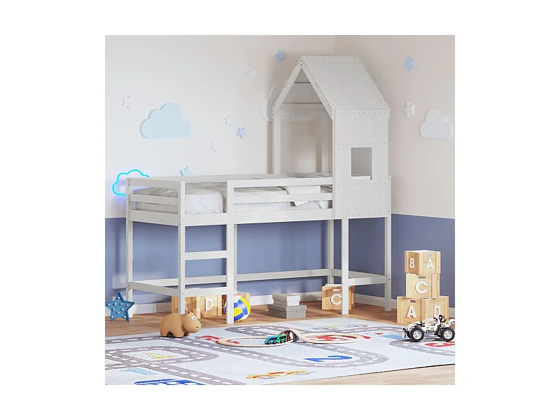 Hochbett mit Leiter und Dach Weiß 80x200 cm Massivholz Kiefer