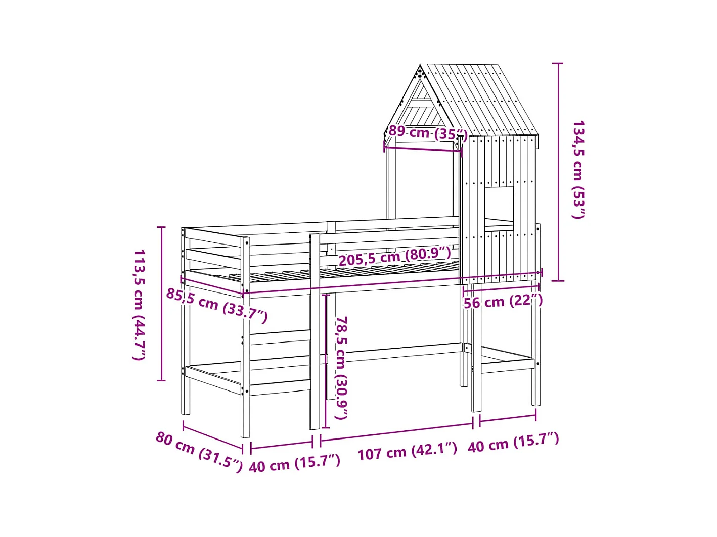 Lit superposé avec échelle et toit sans matelas blanc 80x200 cm