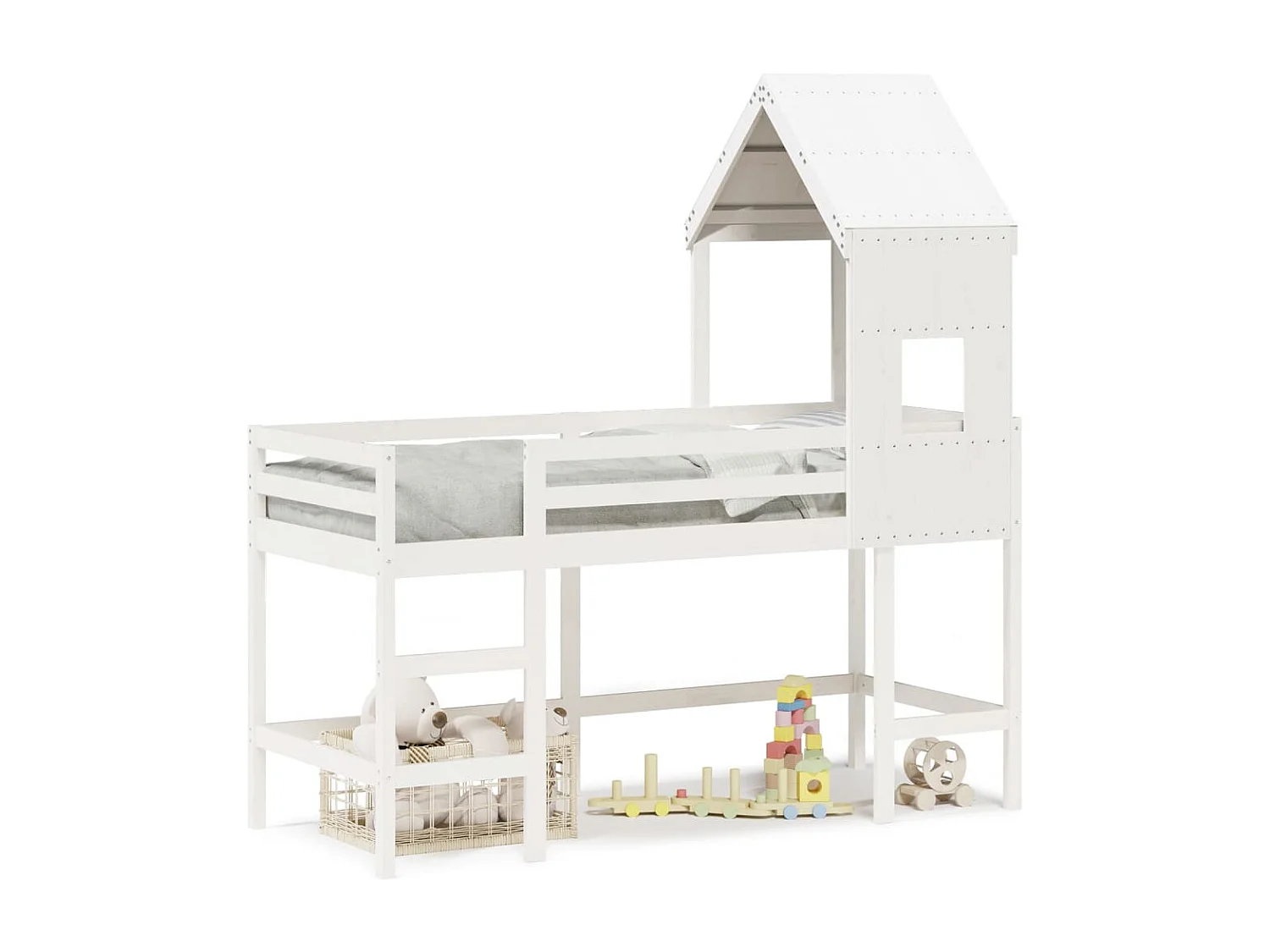 Cama alta c/ escada e telhado 80x200 cm pinho maciço branco