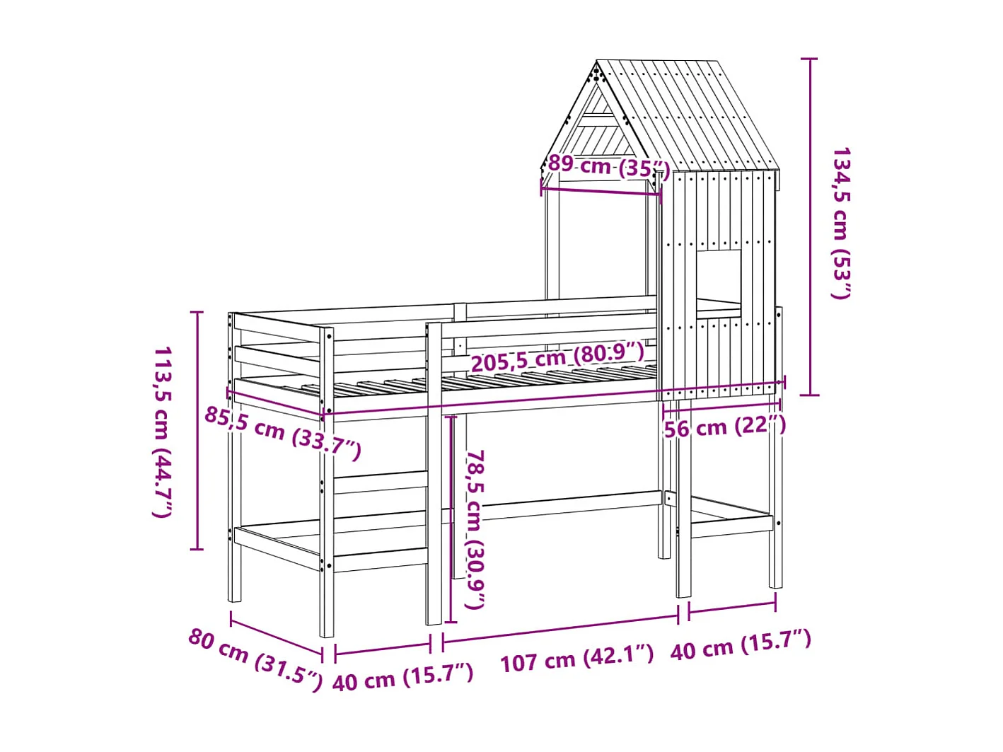 Cama alta c/ escada e telhado 80x200 cm pinho maciço branco
