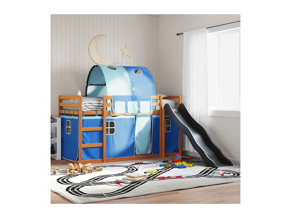 Lit superposé sans matelas avec toboggan et rideaux 90x200 cm