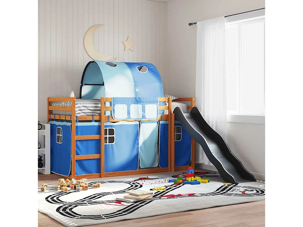 Stapelbed met glijbaan en gordijnen blauw 90x200 cm