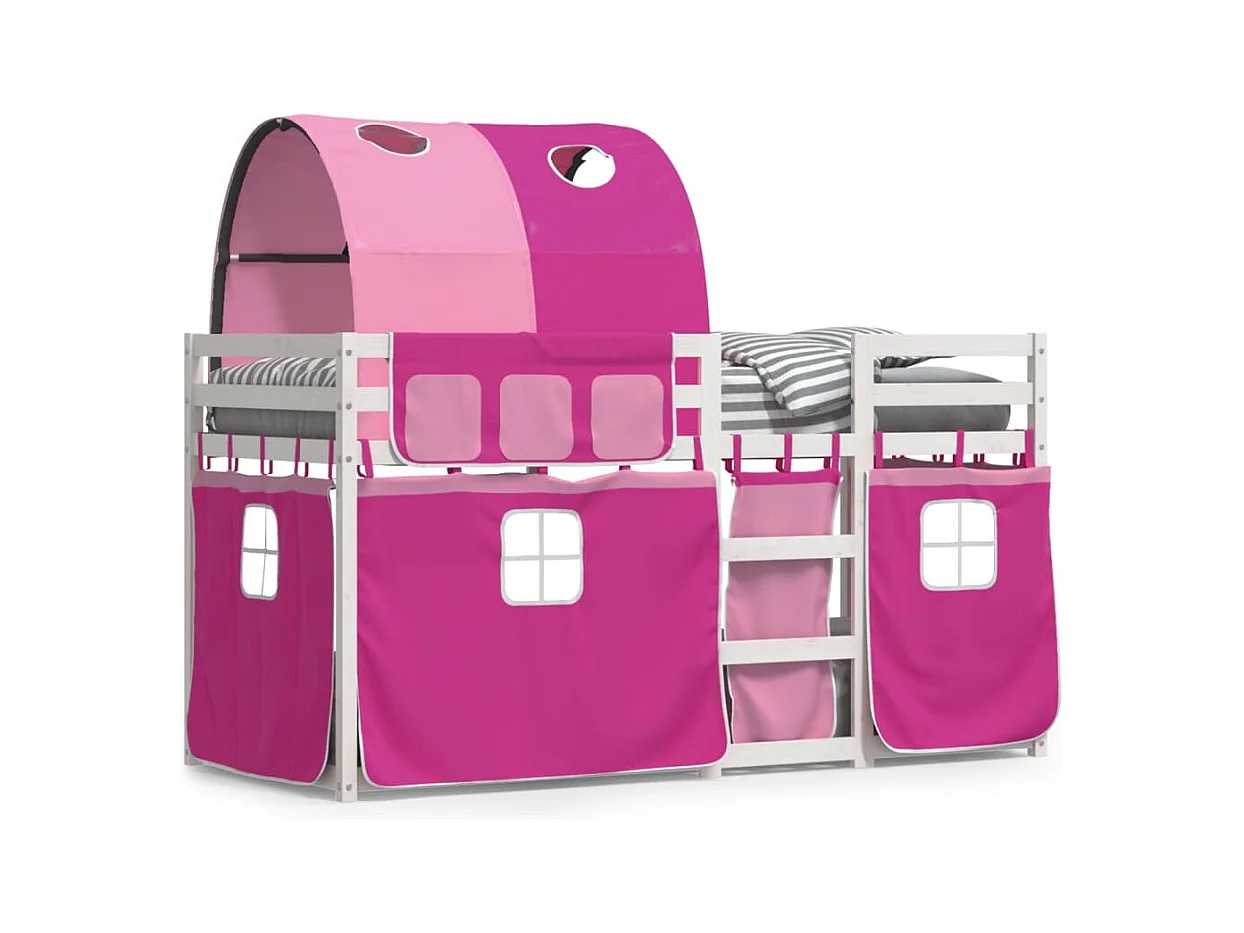 Lit superposé avec rideaux rose 80x200 bois pin massif