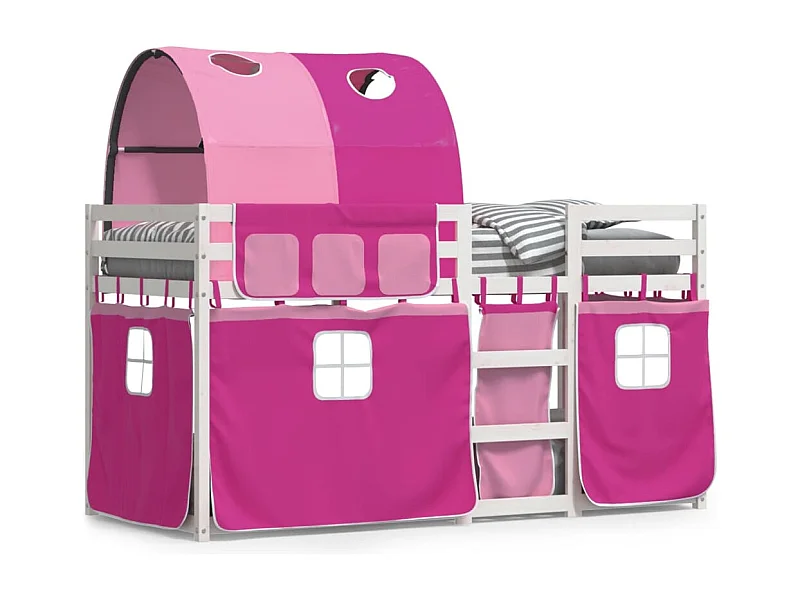 Lit superposé avec rideaux rose 80x200 bois pin massif