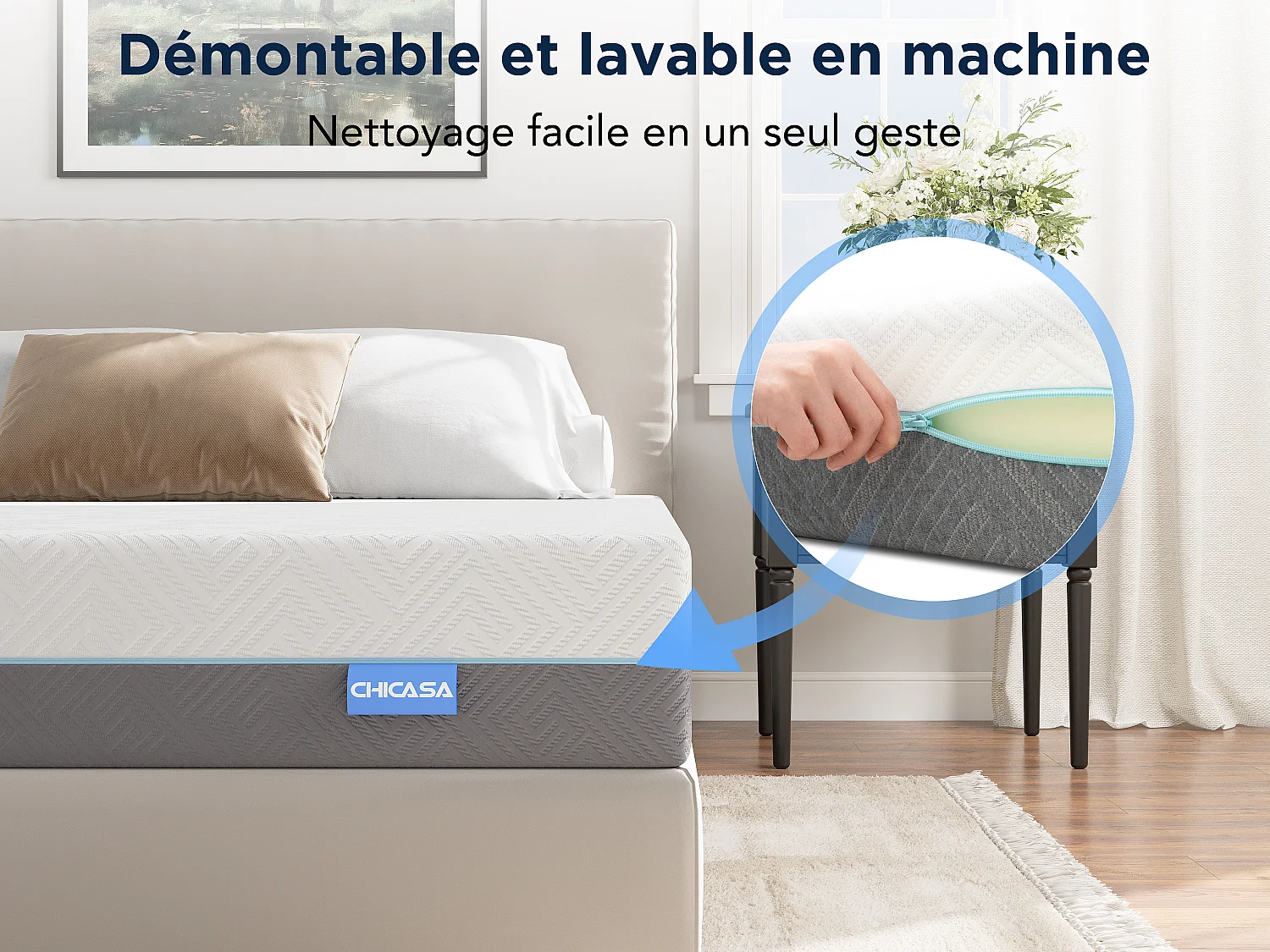 Matelas en mousse à mémoire de forme 90x200 cm, matelas en mousse froide à 7 zones h3h4, 21 cm de hauteur, avec housse lavable