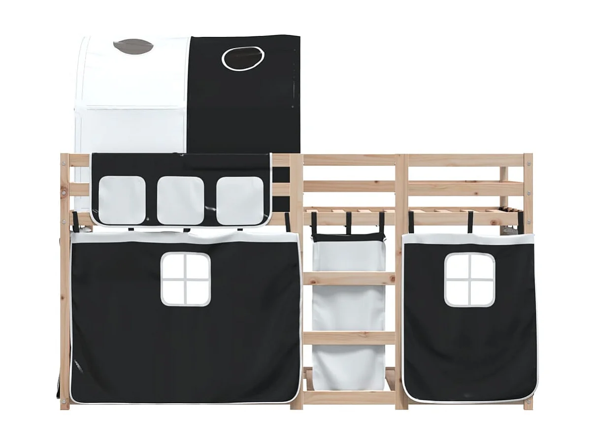 Lit superposé avec rideaux blanc-noir 80x200 bois pin massif