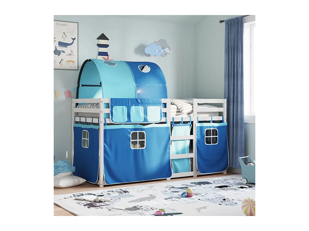 Lit superposé avec rideaux bleu 90x200 bois pin massif