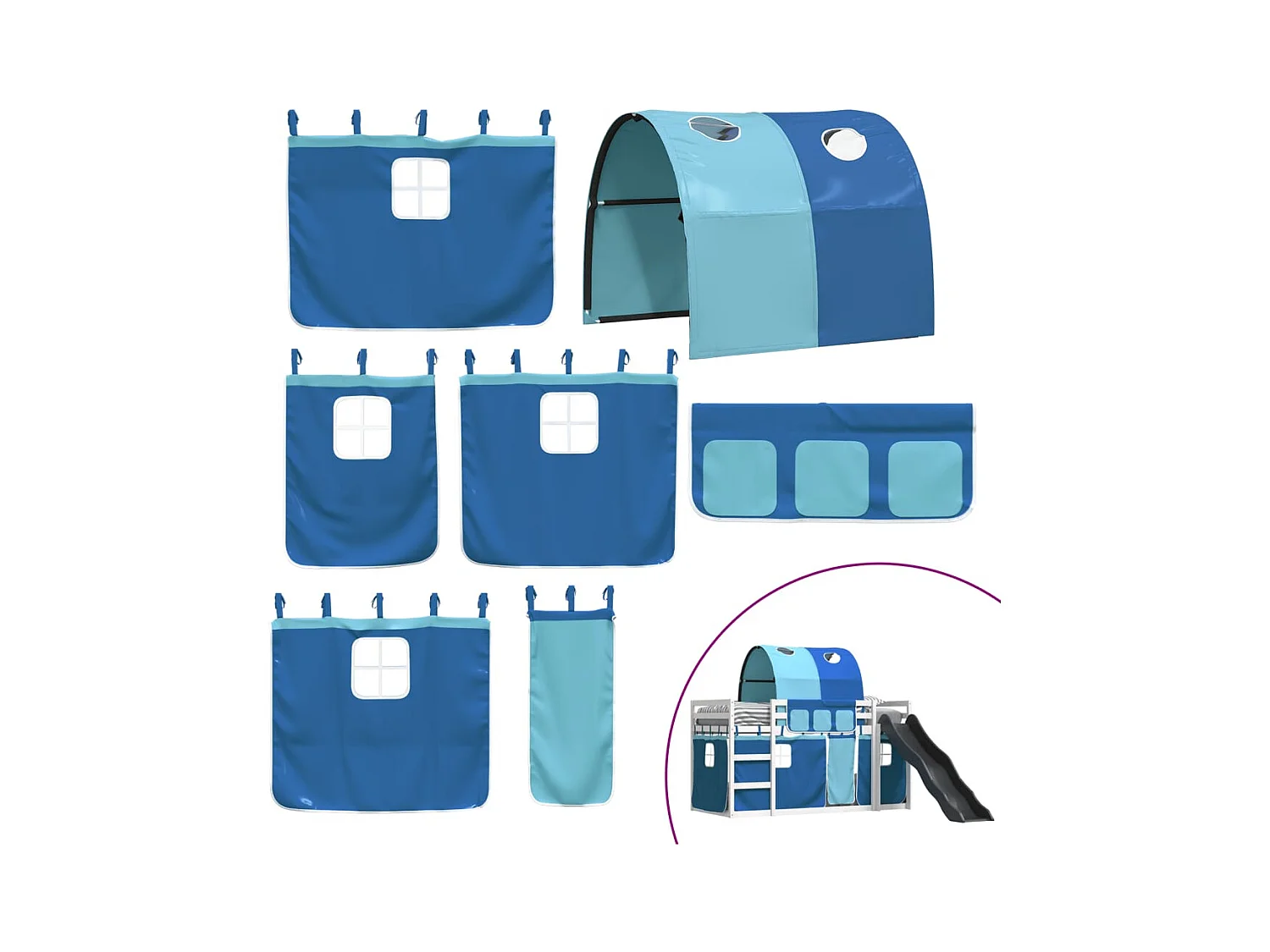 Letto a Castello con Scivolo e Tende Blu 90x190 cm