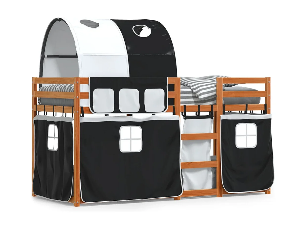 Lit superposé avec rideaux blanc-noir 80x200 bois pin massif