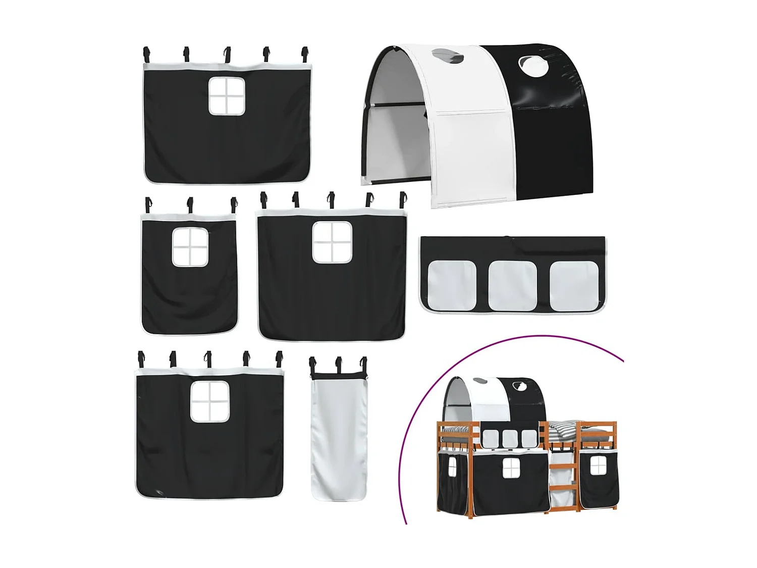 Lit superposé avec rideaux blanc-noir 80x200 bois pin massif