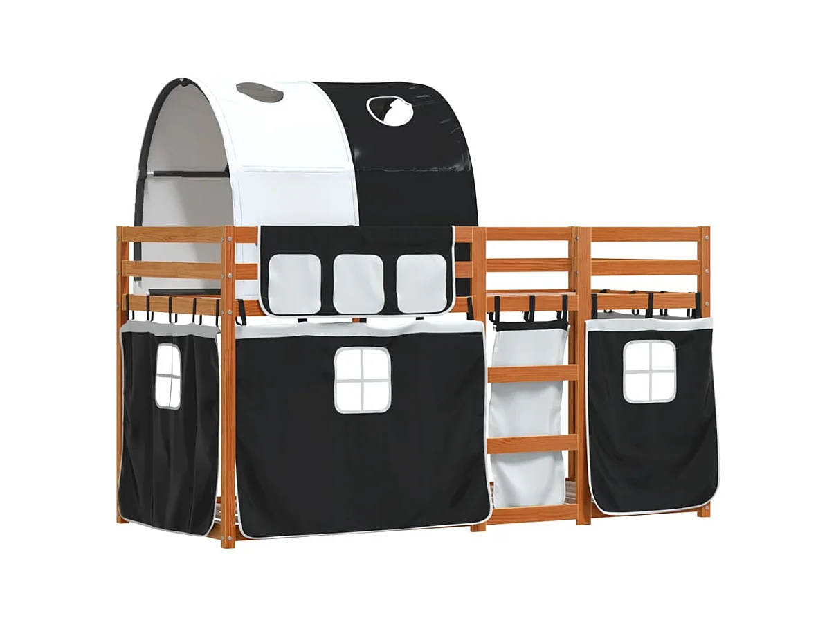 Lit superposé avec rideaux blanc-noir 90x200 bois pin massif