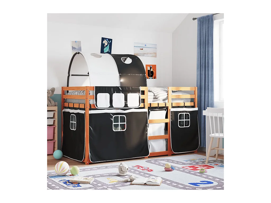 Lit superposé avec rideaux blanc-noir 90x200 bois pin massif