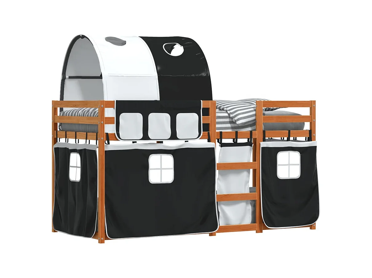 Lit superposé avec rideaux blanc-noir 90x200 bois pin massif