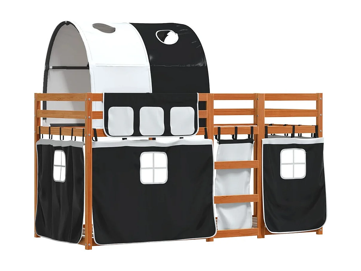 Lit superposé avec rideaux blanc-noir 90x200 bois pin massif