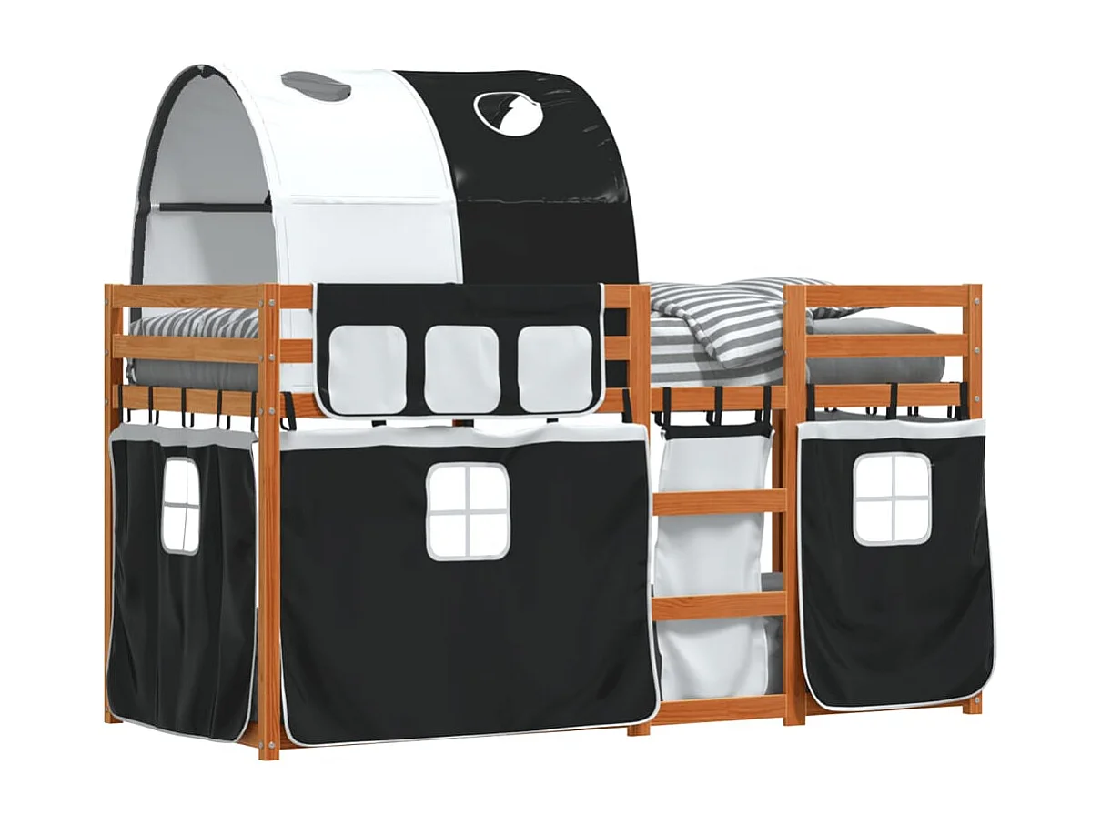 Lit superposé avec rideaux blanc-noir 90x200 bois pin massif