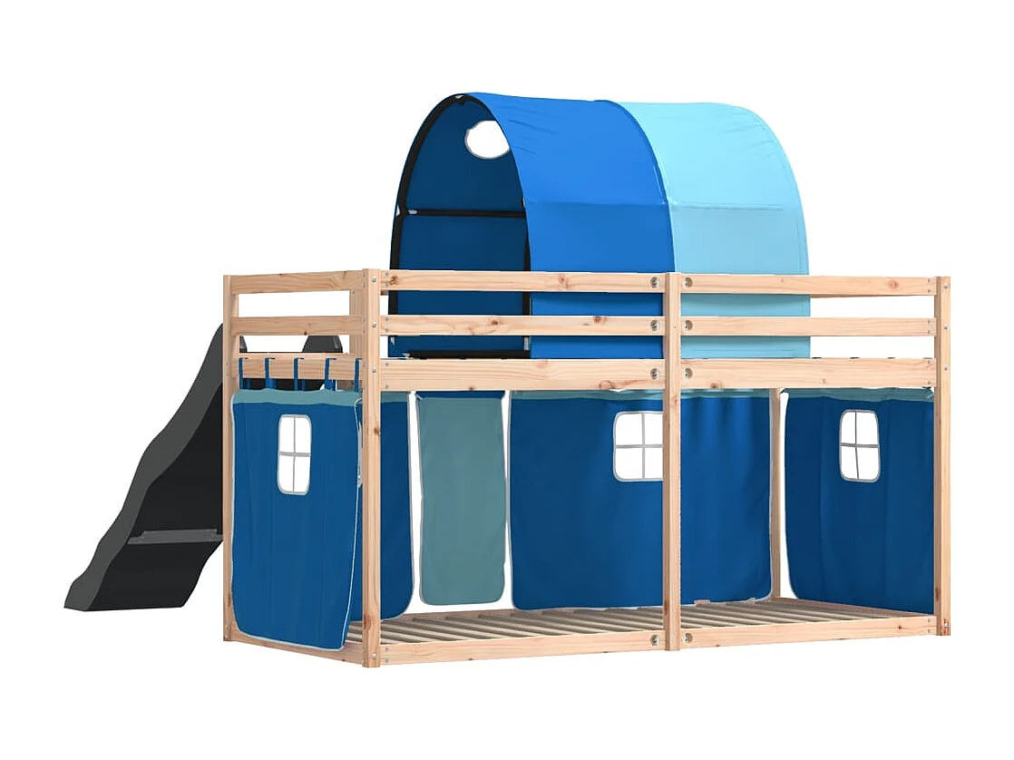 Etagenbett mit Rutsche und Gardinen Blau 80x200 cm