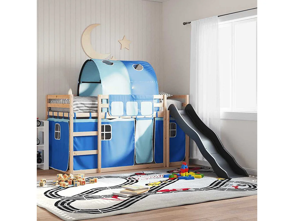 Etagenbett mit Rutsche und Gardinen Blau 80x200 cm
