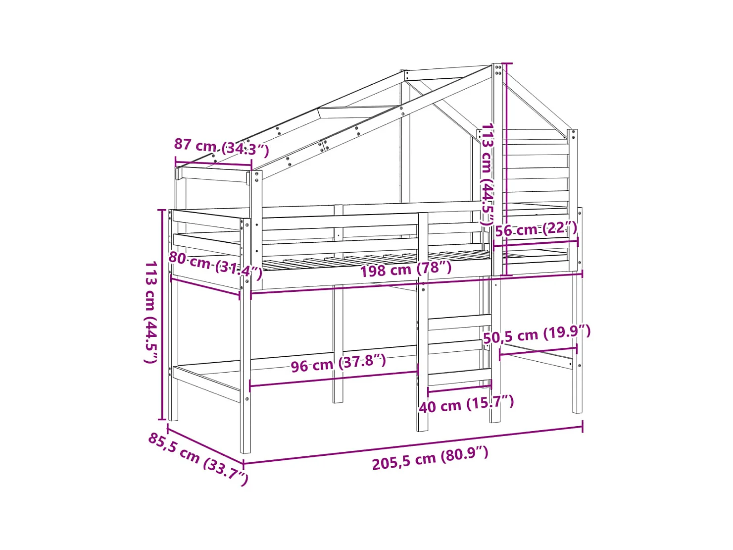Lit superposé avec échelle et toit sans matelas 80x200 cm