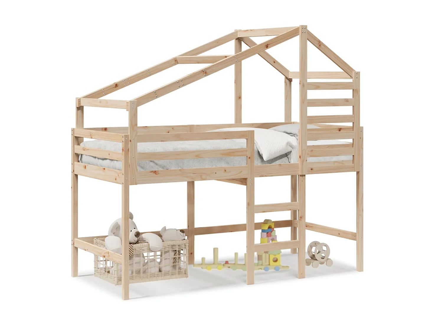 Cama alta c/ escada e telhado 80x200 cm pinho maciço