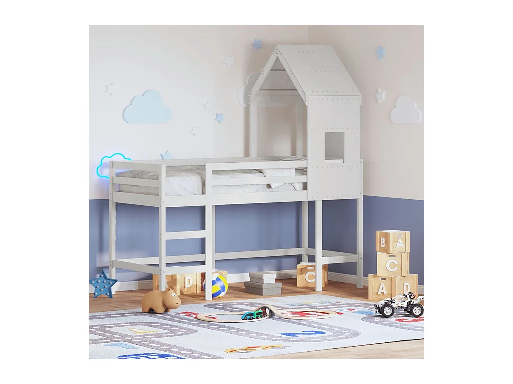 Lit superposé avec échelle et toit sans matelas blanc 90x200 cm