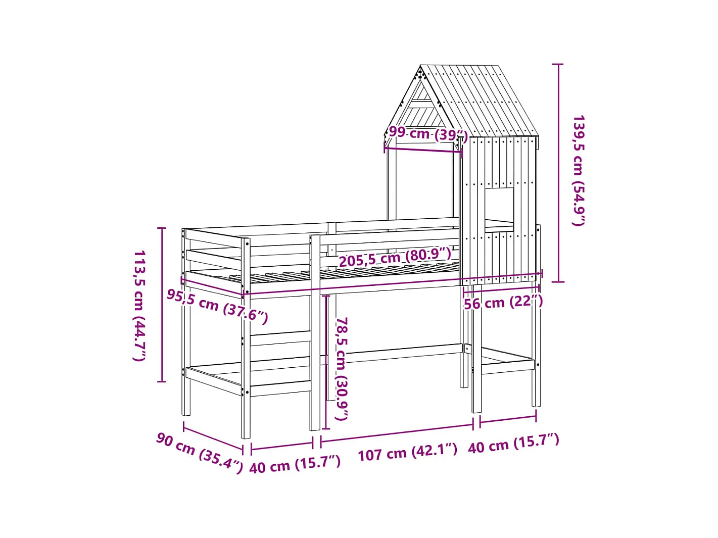 Lit superposé avec échelle et toit sans matelas blanc 90x200 cm