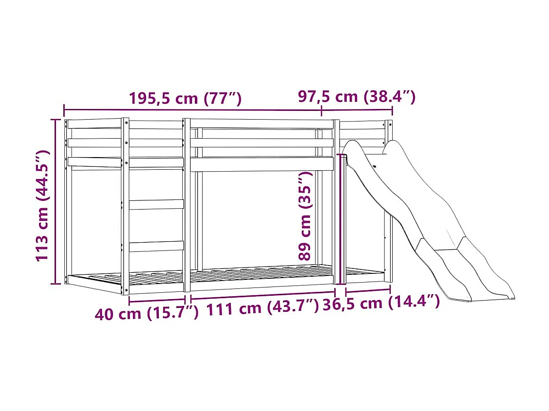 Lit superposé sans matelas avec toboggan blanc noir 90x190 cm