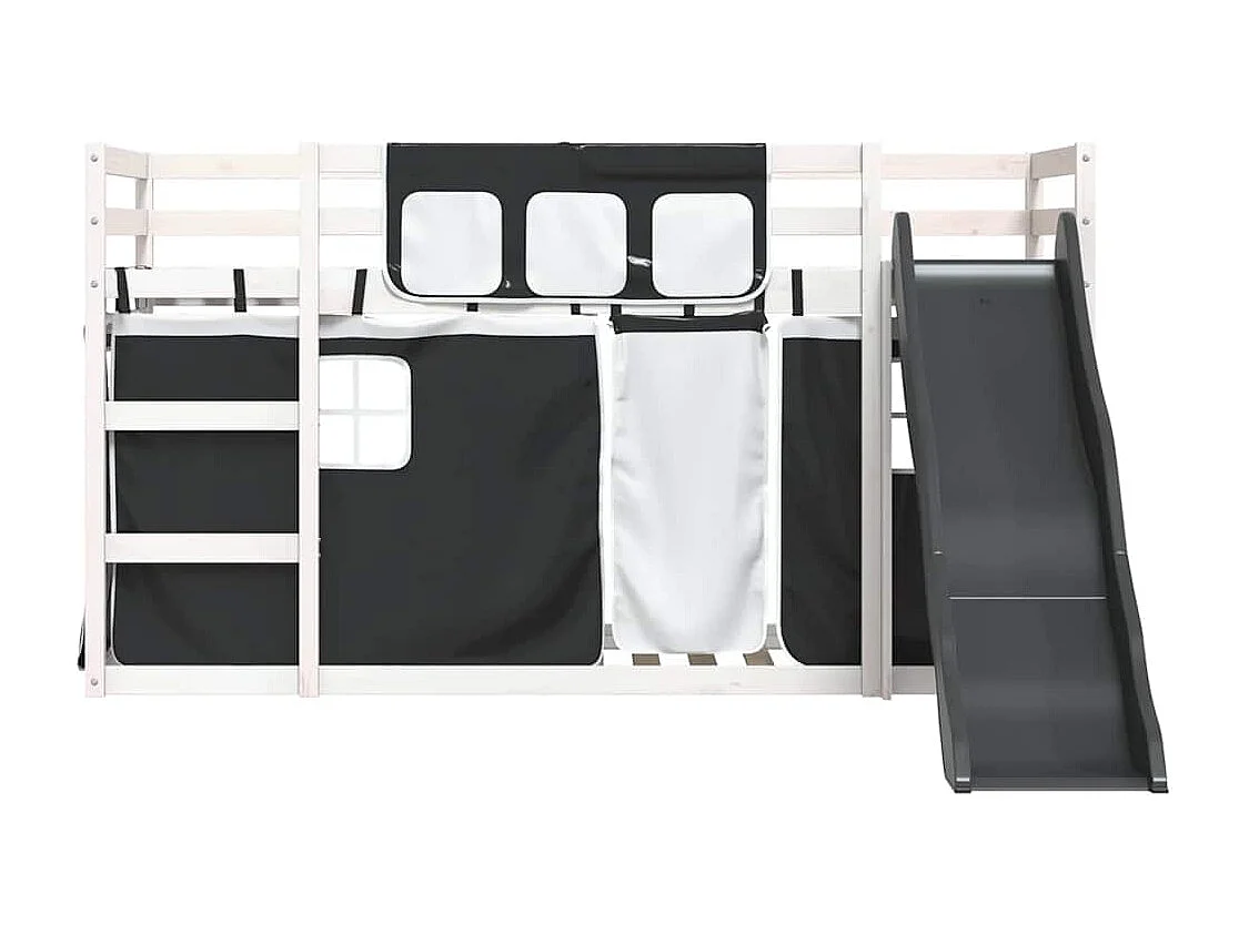 Etagenbett mit Rutsche und Gardinen Weiß und Schwarz 90x190 cm