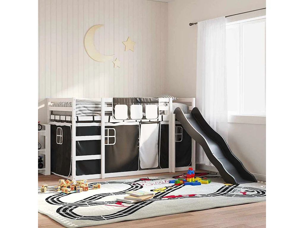 Beliche com escorrega e cortinas 90x190 cm branco e preto