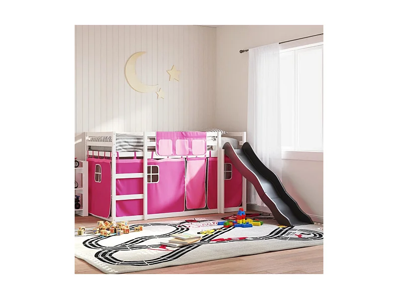 Lit superposé sans matelas avec toboggan et rideaux 80x200 cm