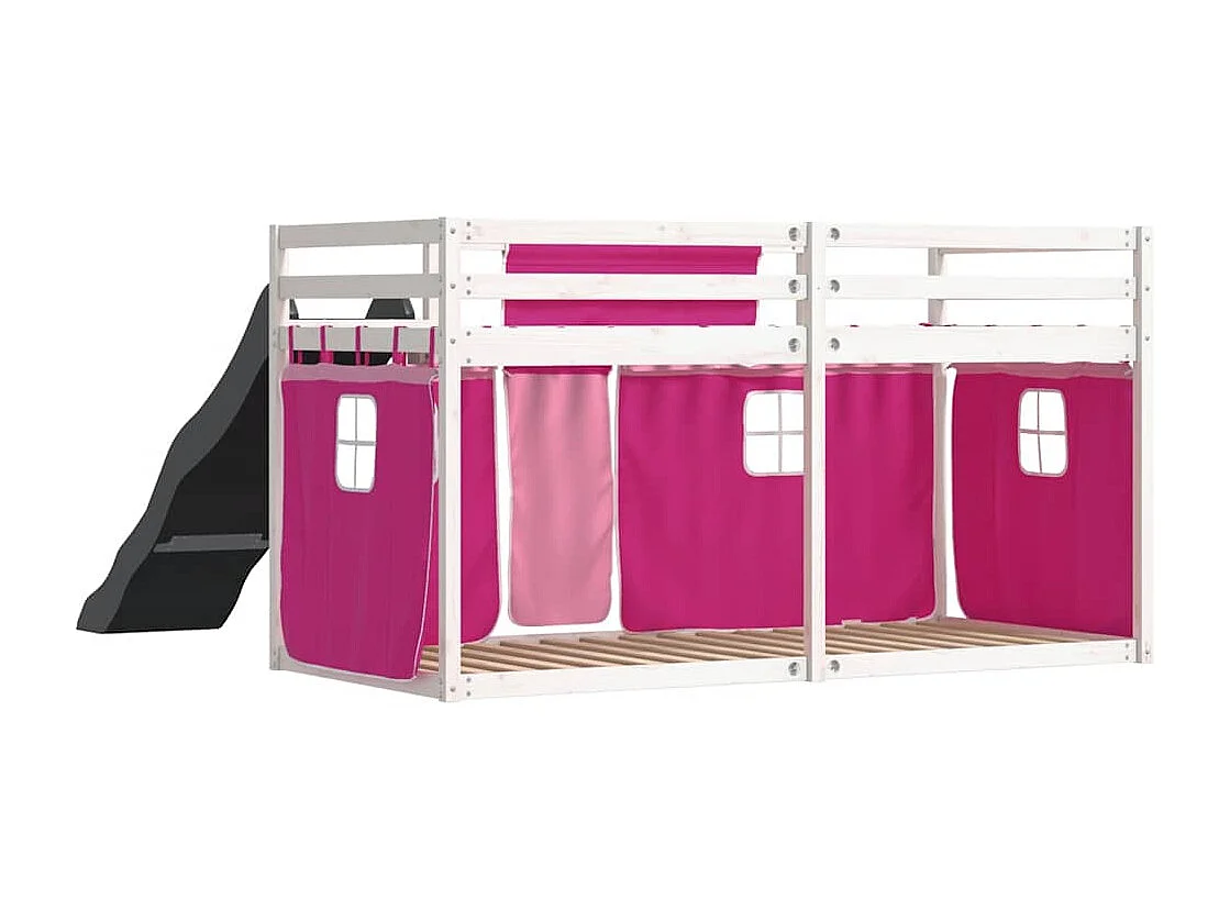 Etagenbett mit Rutsche und Gardinen Rosa 80x200 cm
