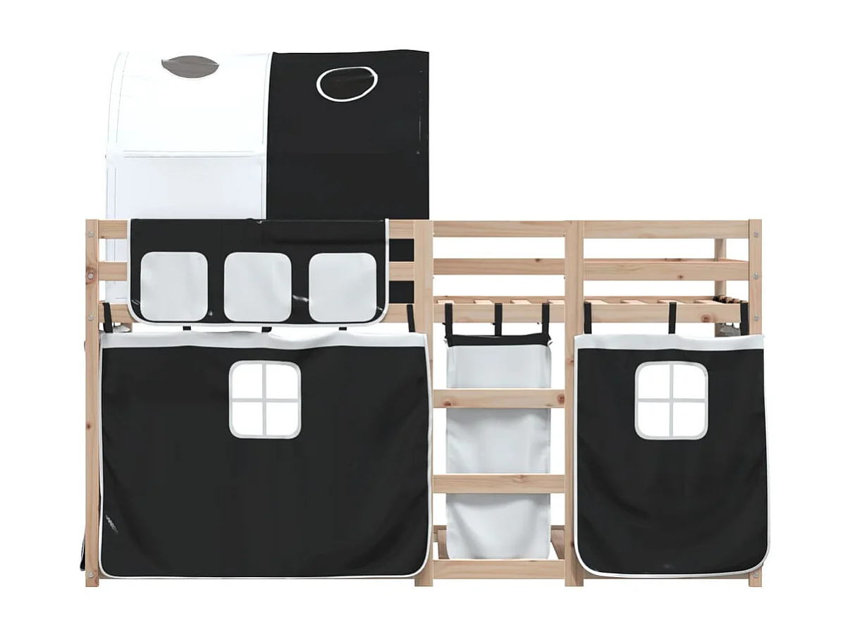 Lit superposé avec rideaux blanc-noir 90x190 bois pin massif