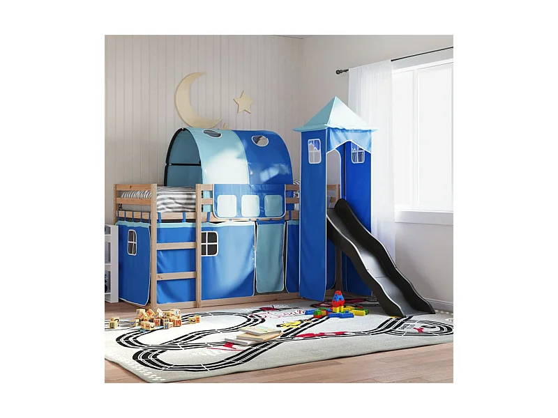 Letto a Castello con Scivolo e Tende Blu 80x200 cm