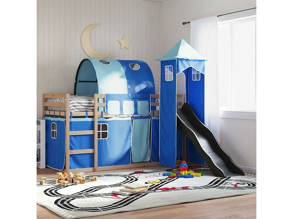 Etagenbett mit Rutsche und Gardinen Blau 80x200 cm