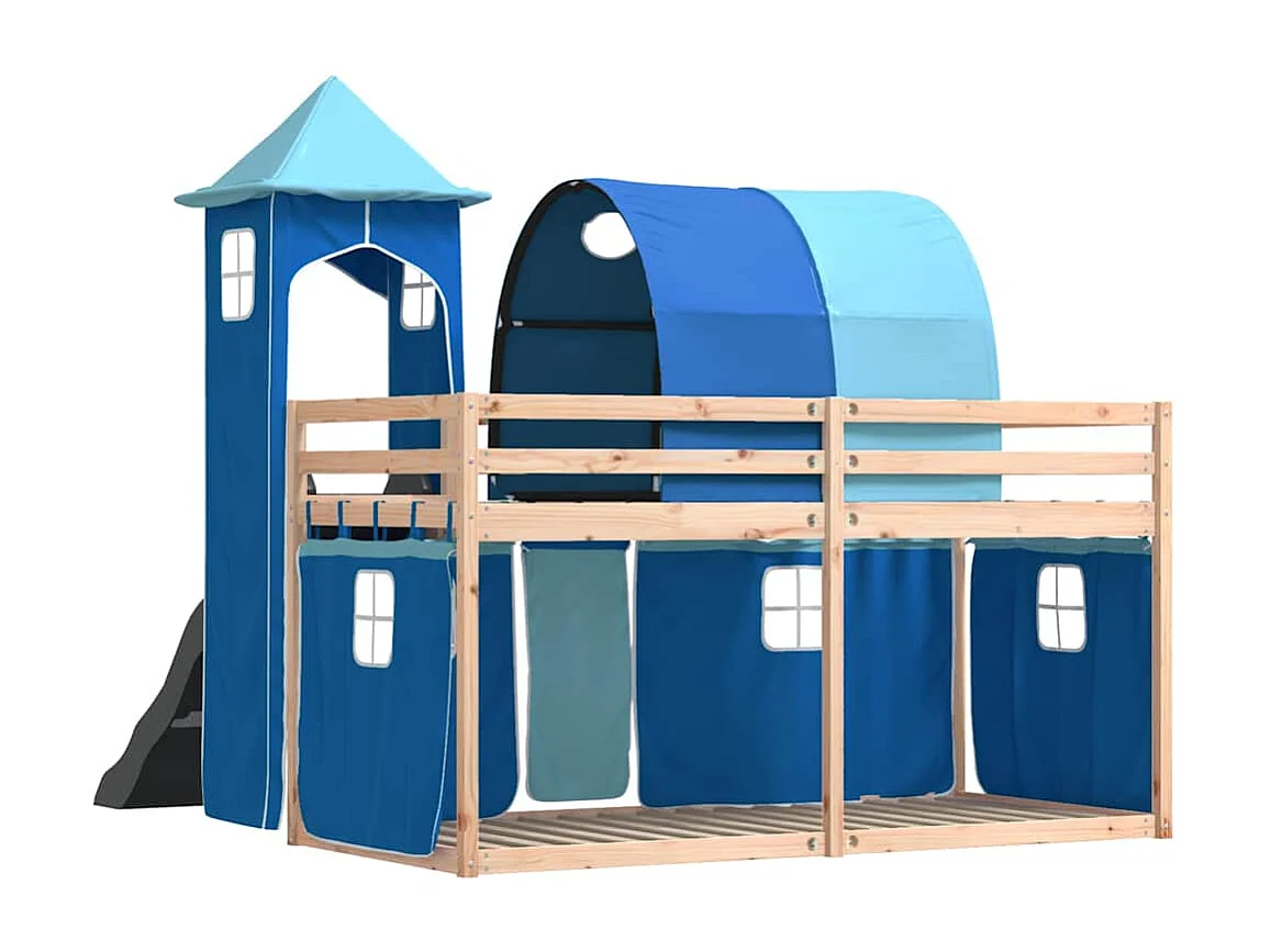 Etagenbett mit Rutsche und Gardinen Blau 80x200 cm