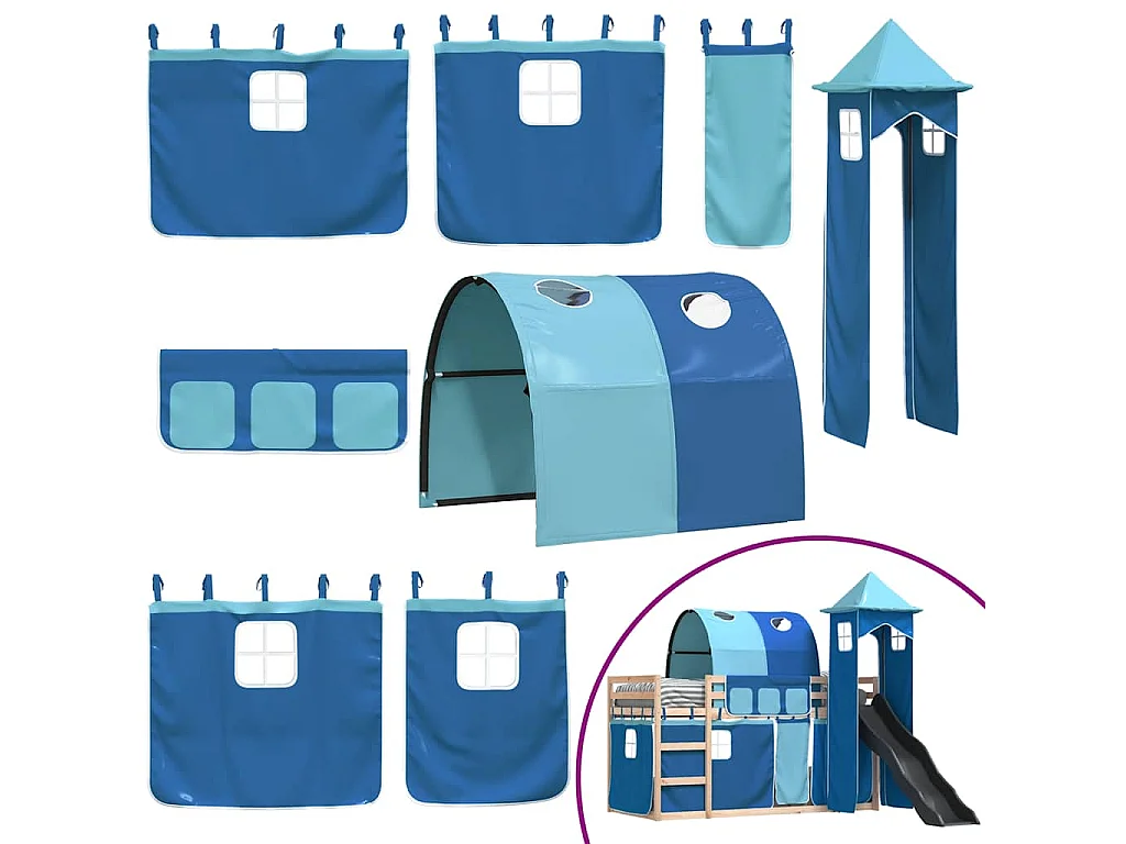 Lit superposé sans matelas avec toboggan et rideaux 80x200 cm