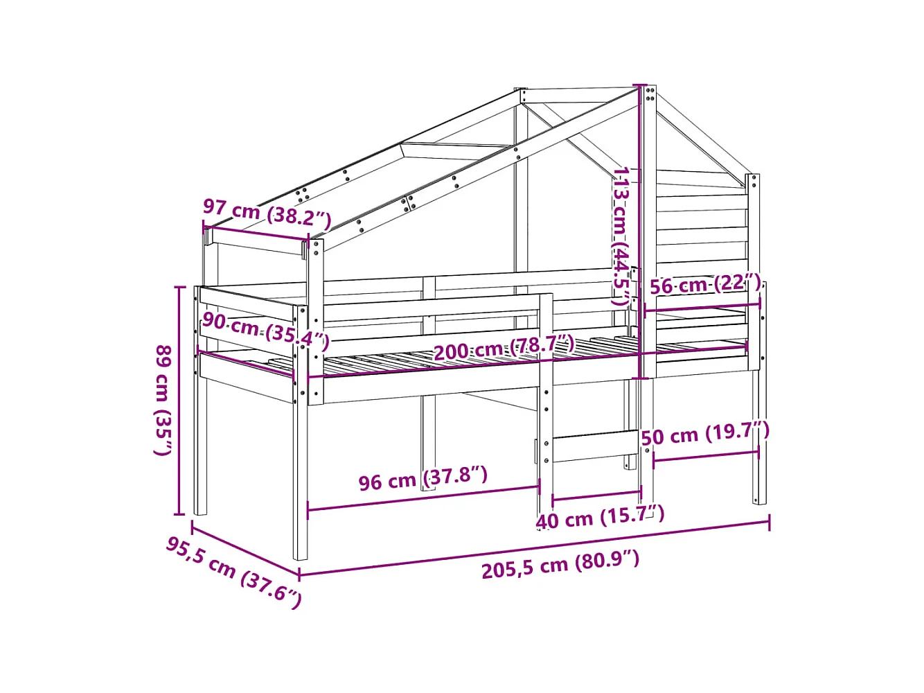 Cama alta c/ escada e telhado 90x200 cm pinho maciço