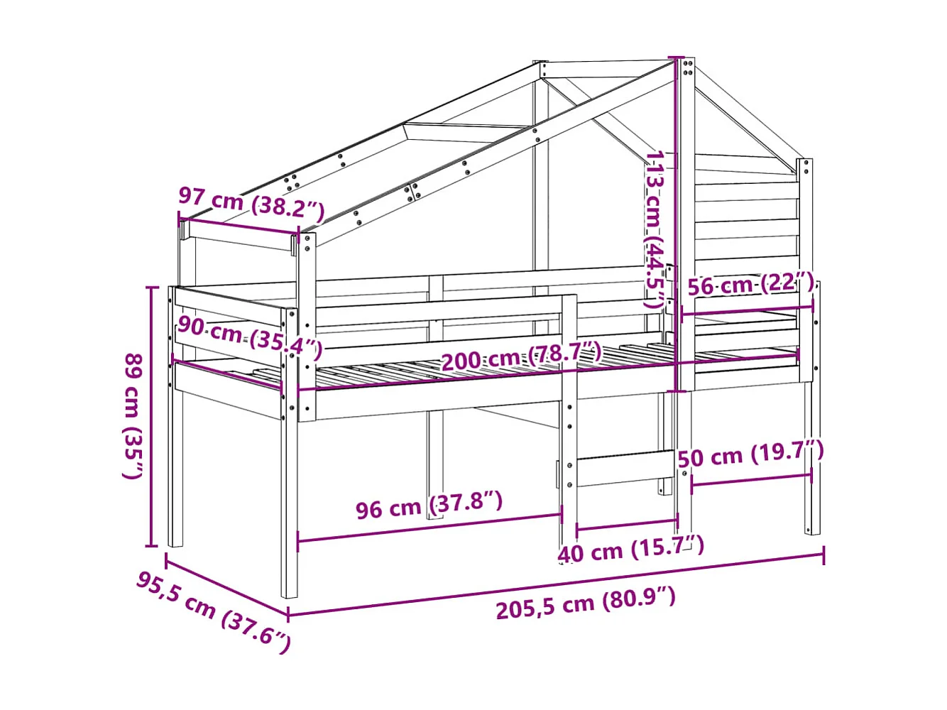 Hochbett mit Leiter und Dach 90x200 cm Massivholz Kiefer