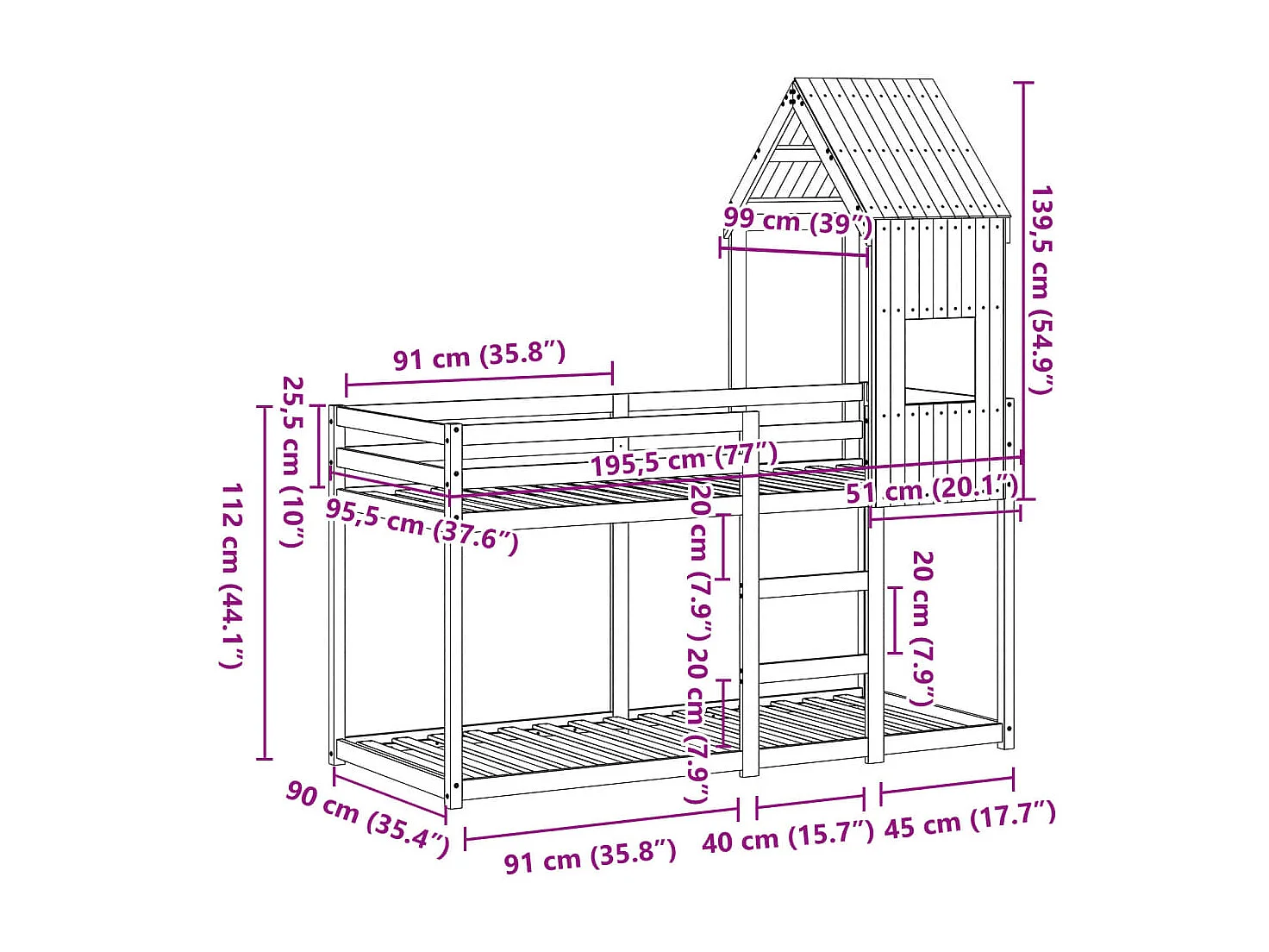 Lit superposé sans matelas blanc 90x190 cm bois de pin massif