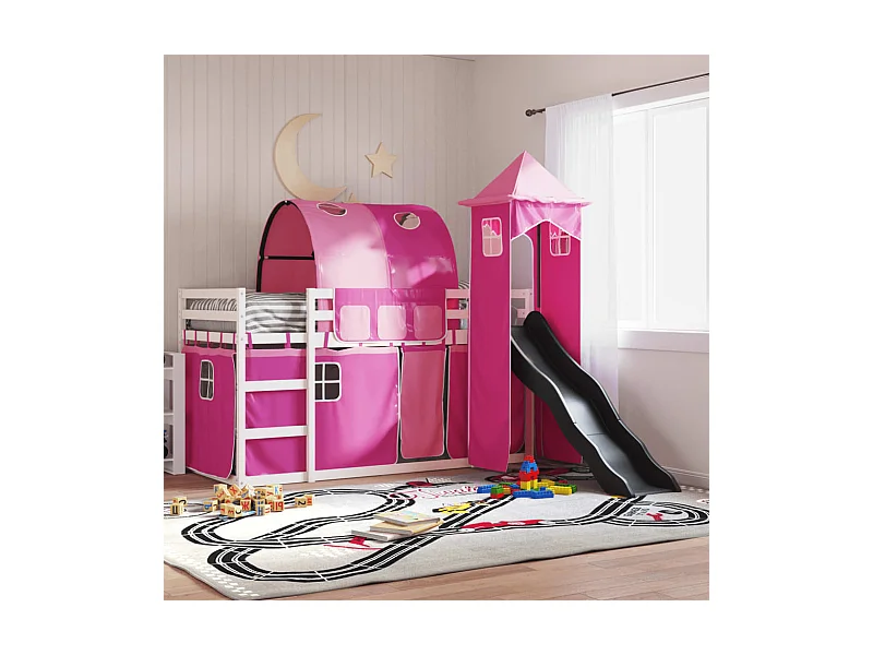 Lit superposé sans matelas avec toboggan et rideaux 80x200 cm