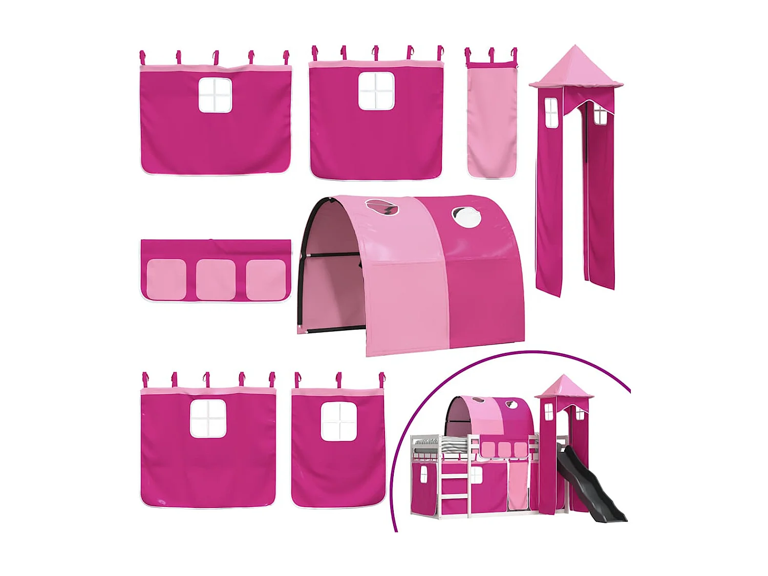 Etagenbett mit Rutsche und Gardinen Rosa 80x200 cm