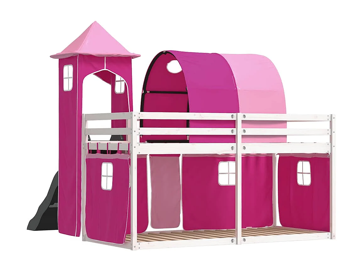 Etagenbett mit Rutsche und Gardinen Rosa 80x200 cm
