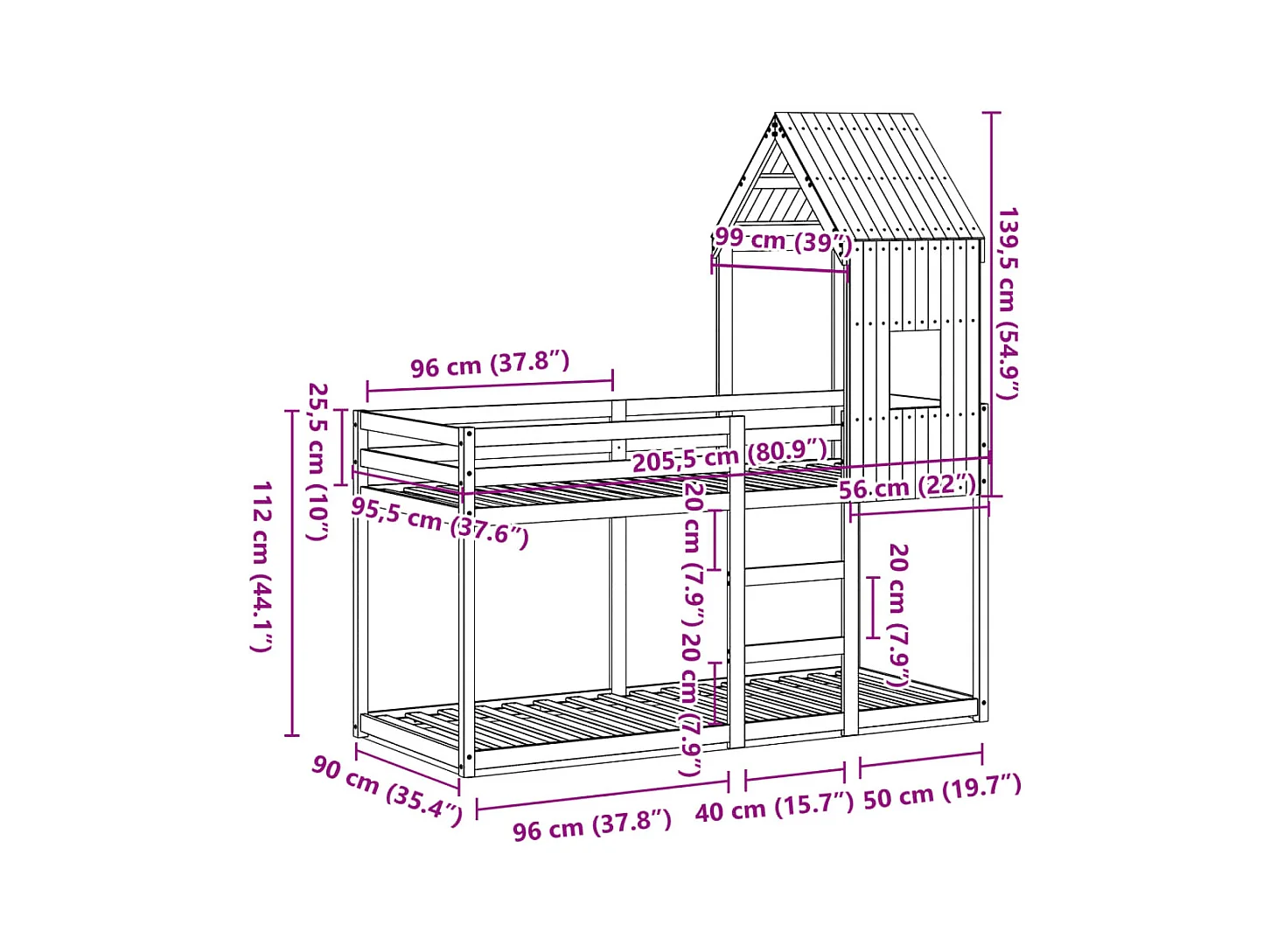 Lit superposé sans matelas 90x200 cm bois de pin massif
